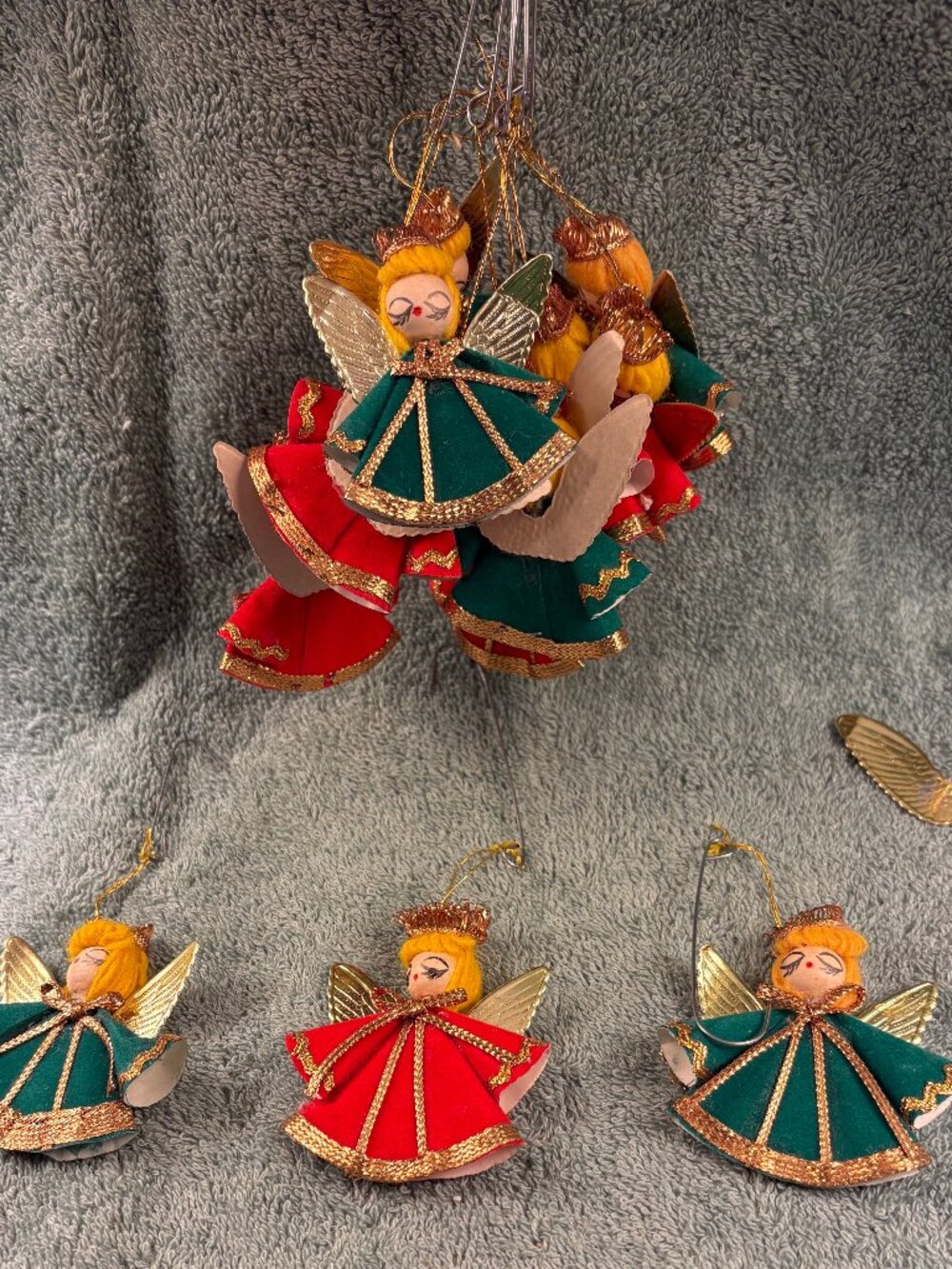 Vintage MCM Velvet Christmas Angel Ornaments Lot of 10 Gold Tinsel Wings 3"